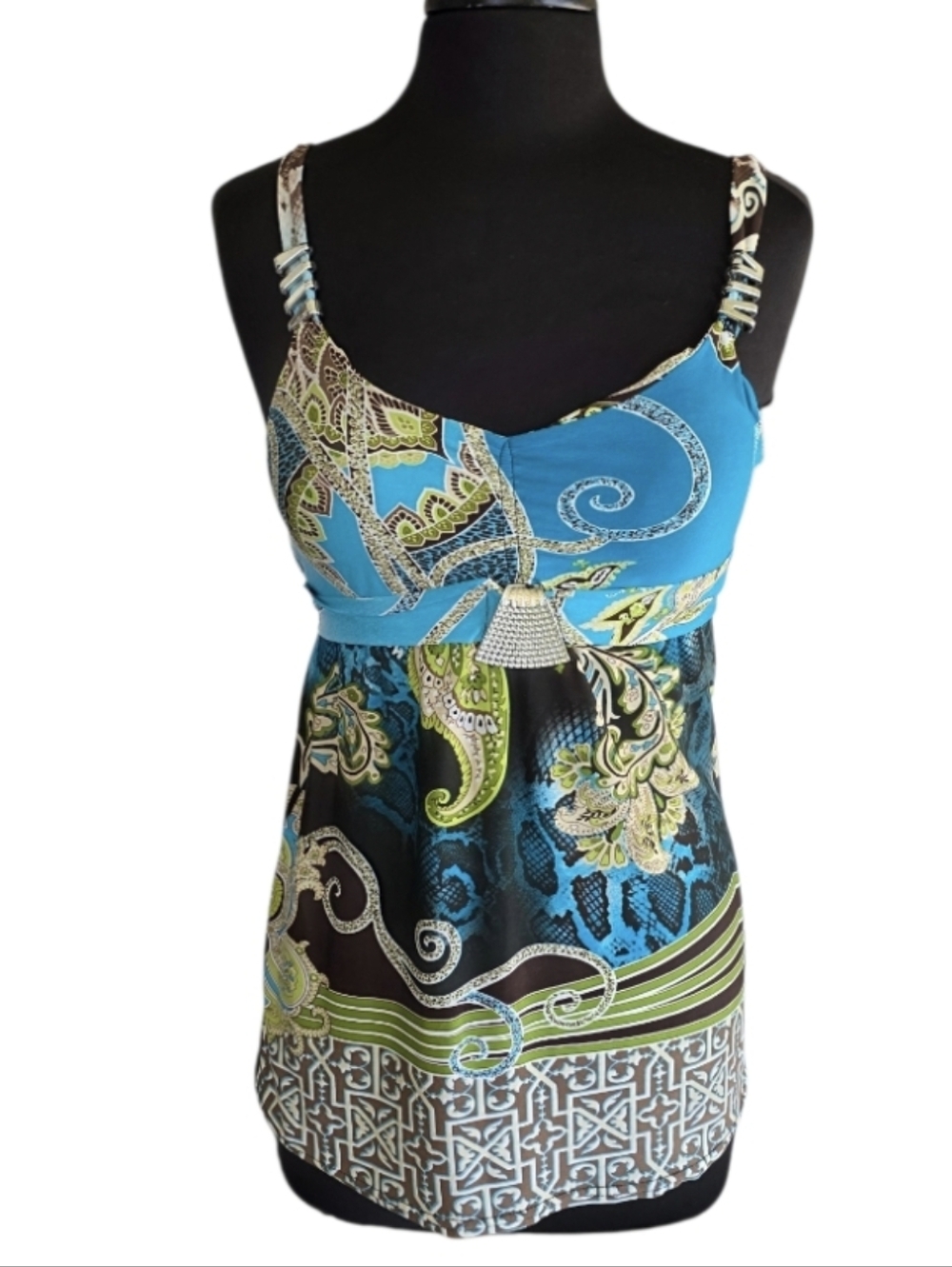 Euro Vintage Y2K Teal Paisley Tank Top with Lime Black Accents Made In France